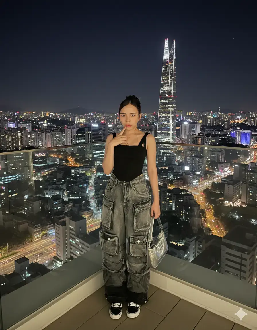 GEMINI PROMPT CITY LIGHTS‼️‼️ It's my picture and my outfit..edit it like I'm wearing  the clothes I sent  . I was standing in the terrace of a very tall scrapper in the middle of a south Korean metropolis and I was looking at the camera..the camera captures also a view of Seoul from the bustling streetlights and the sea of glowing buildings are visible.Modern calm,and fashionable with a metropolitan nighttime feel,tense yet cool with natural nighttime lighting and high resolution ,4:3 landscape ratio #fyp  #trend  #gemini  #foryoupage #outfit 