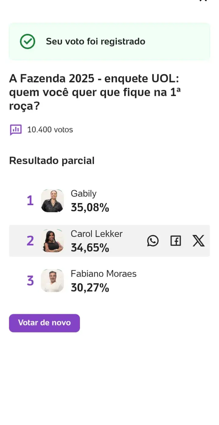 A Fazenda 2025 - enquete UOL: quem você quer que fique na 1ª roça? Atualização  Gaby e Carol Lidera #afazenda2025tiktok #afazenda17 