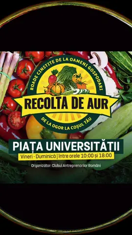 Clubul Antreprenorilor Români organizează târgul de toamnă „Recolta de Aur” în București! În weekend-ul 26-28 septembrie, în Piața Universității din București, va avea loc prima ediție a Târgului de toamnă „Recolta de AUR”, organizat de Clubul Antreprenorilor Români. Producători și comercianți din mai multe zone din țară aduc în centrul Capitalei produse autohtone la prețuri de producător, cele mai mici prețuri de pe piața bucureșteană. Aurul României este munca țăranului și a micilor antreprenori. Este obligația noastră să îi apărăm și să cerem guvernanților politici corecte pentru economia locală. Bucurați-vă de toamnă, arome, parfumuri și culoare!  Vă invităm să veniți la târgul toamnei pe parcursul celor trei zile între orele 10:00 și 18:00. #fyp #foryou #producatorilocali #romania #universitate 