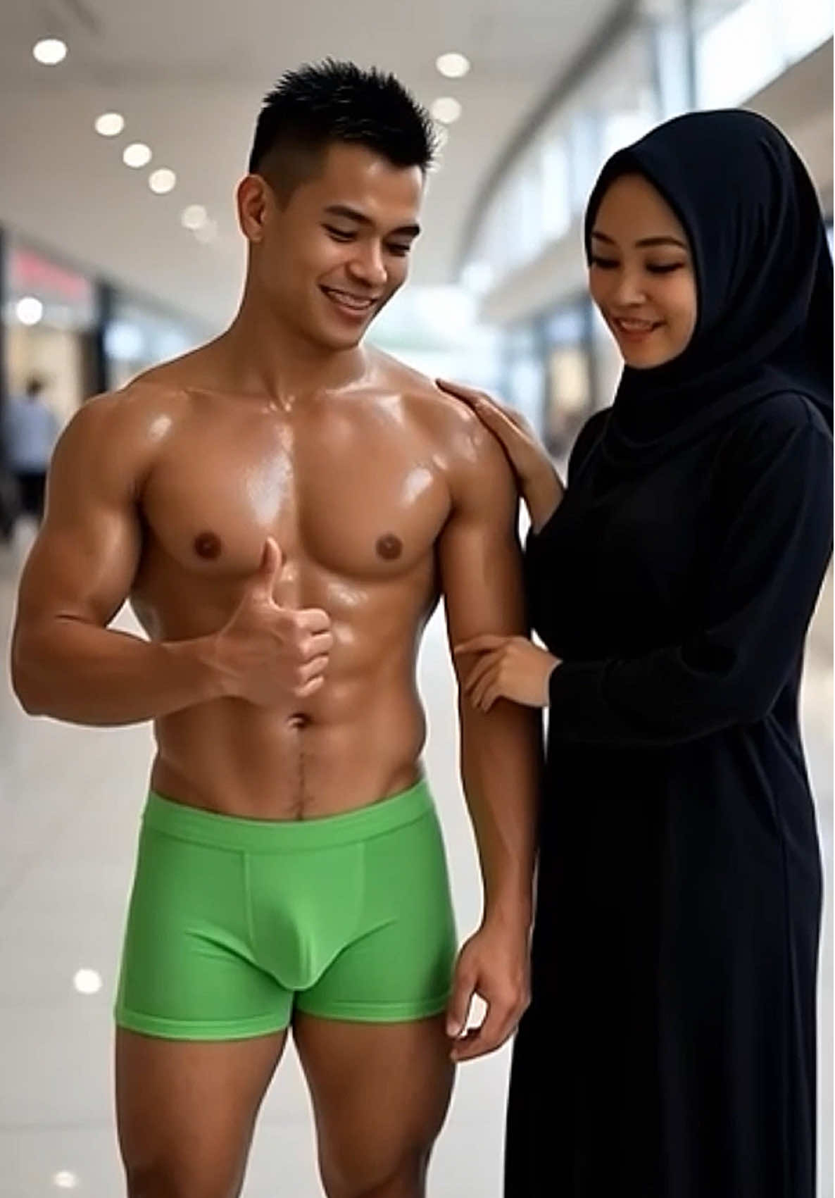 Seorang wanita terserempak dengan seorang lelaki di pusat beli-belah. Pandangannya terus tertumpu pada tubuh lelaki itu, hanya dibaluti boxer brief yang ketat. Tanpa disedari, tangannya merayap perlahan ke arah lelaki itu, menyentuhnya dengan sedikit nakal.