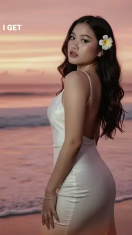 gemini ai :  A cinematic portrait of this woman standing on the beach at sunset, with ocean waves gently touching the shore. The sky glows in vibrant shades of orange, pink, and red. She wears a flowing, body-hugging dress in orange shades (ocean-inspired), a backless very light white dress that reflects the colors of the sea, black for the makeup tan skin. Tropical flowers tucked in her hair, and she has delicate jewelry such as an arm bracelet and rings. This woman poses gracefully, turning slightly over her shoulder with a soft, confident expression. Warm natural light mixed with a subtle flash highlights her features, creating a dreamy, romantic tropical aesthetic do not change the face of the girl please.