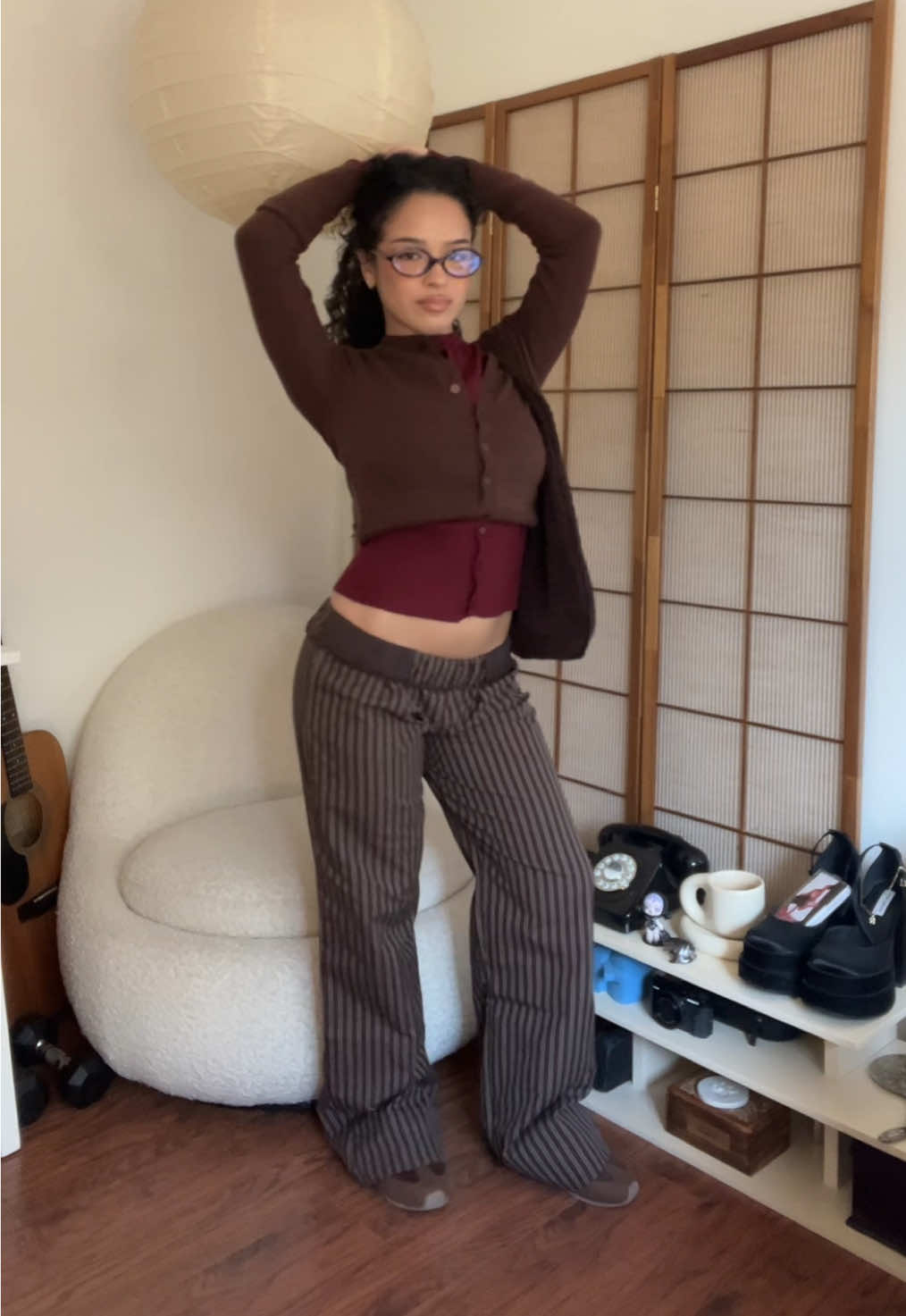 double cardiiii season ☆ @Fashion Nova #ad  • aurora striped boxer pants (chocolate,xs) • miss me everyday cardigan (chocolate,xs) • miss me everyday cardigan (burgundy,xs) • coffee and shopping faux suede shoulder bag (brown)  • glen lace up sneakers (brown,7)  • quinn round blue light glasses (tortoise) 