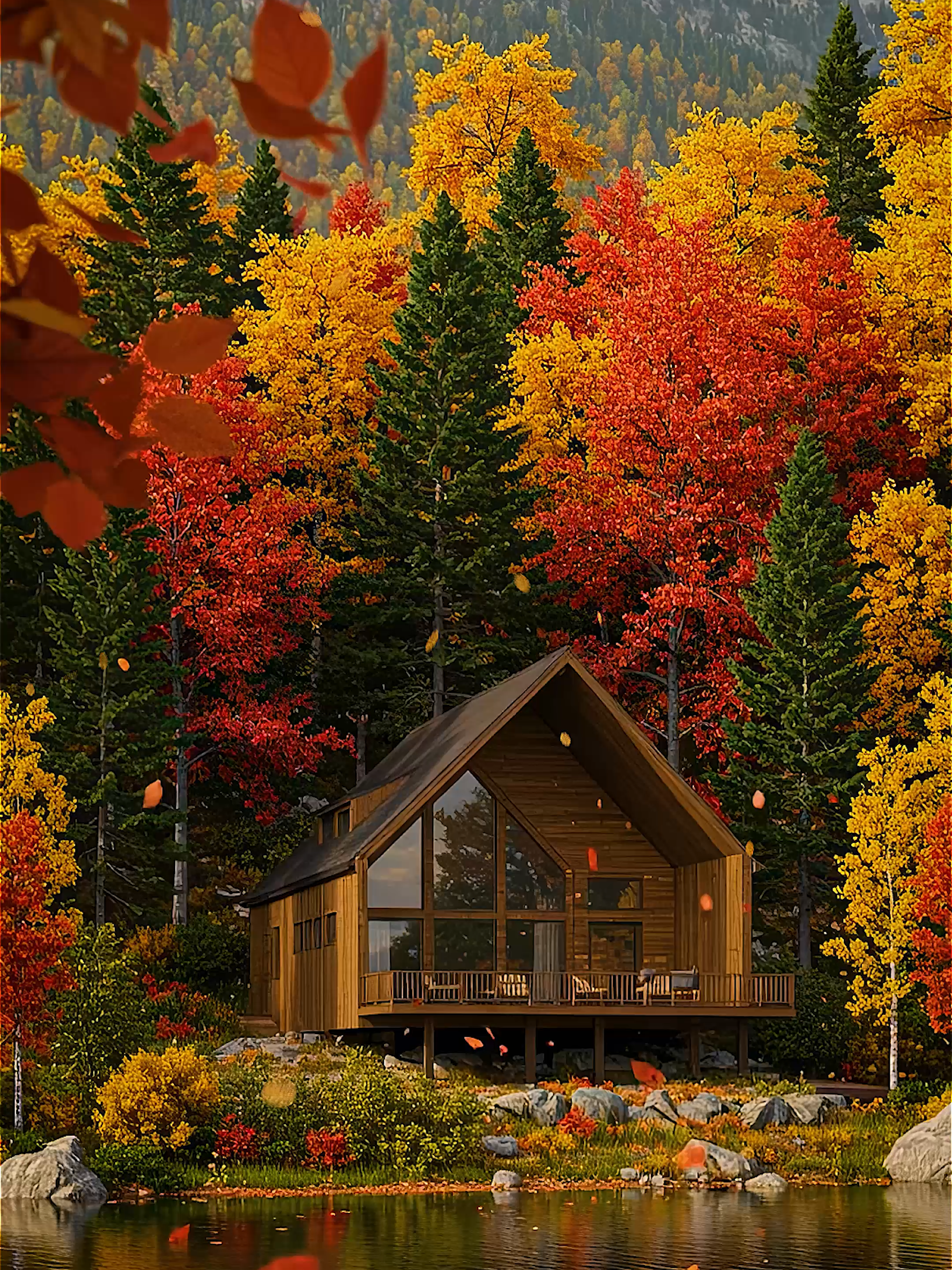 Golden leaves, calm lake, cozy A-frame 🍂🏞️ ⠀ #ambiancehometv #fallcabin #lakehouse #fallaesthetic #cozytok #naturetok #forestambience #cozyfall #relaxingvideo