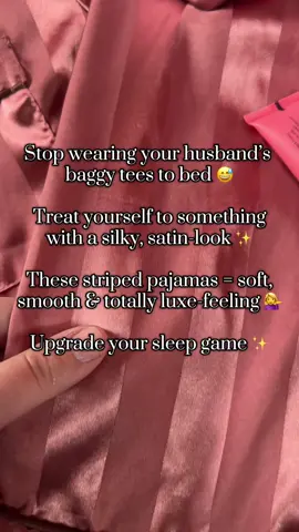 Stop wearing his baggy clothes to sleep 😅 These striped PJs have that silky, satin-look without the price tag ✨ Light, comfy, and instantly make bedtime feel like a treat 🌙💛 #SilkyPJs #SelfCareNight #TreatYourself #BedtimeUpgrade #TikTokMadeMeBuyIt 