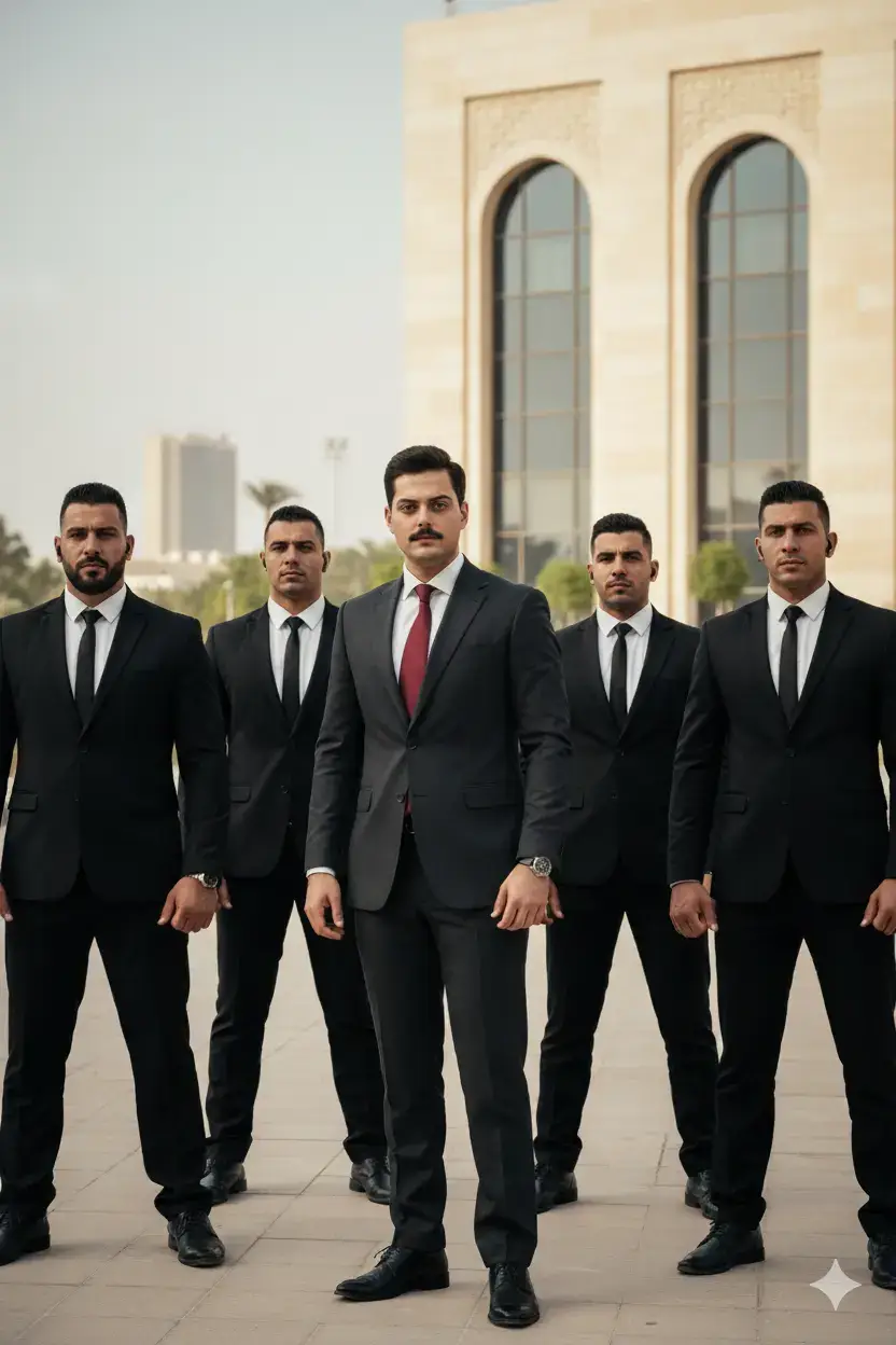 # ‏دون تغير ملامح الوجهA high-resolution cinematic photo of a 24-year-old Iraqi politician, full body visible, wearing a modern dark suit, standing confidently with security guards in black suits around him, natural daylight, sharp face details.