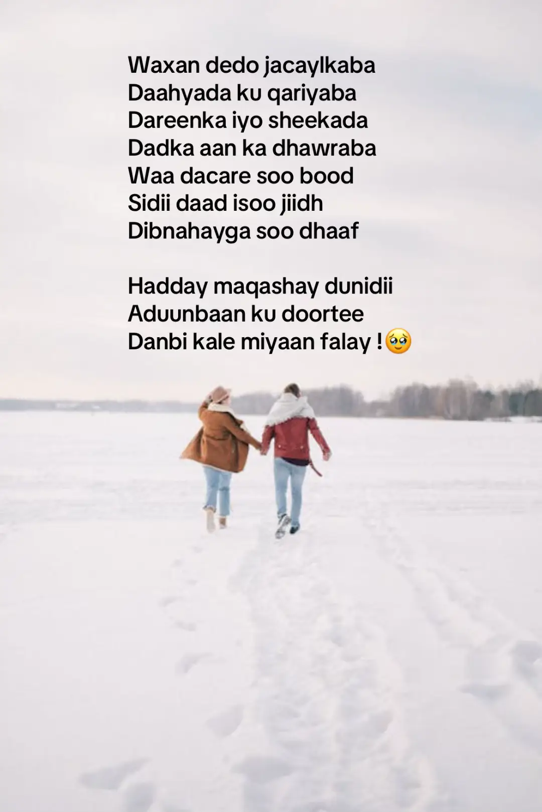 Waxan dedo jacaylkaba Daahyada ku qariyaba Dareenka iyo sheekada Dadka aan ka dhawraba Waa dacare soo bood Sidii daad isoo jiidh Dibnahayga soo dhaaf Hadday maqashay dunidii Aduunbaan ku doortee Danbi kale miyaan falay !🥹 #foryoupage #somalitiktok #creatorsearchinsights 