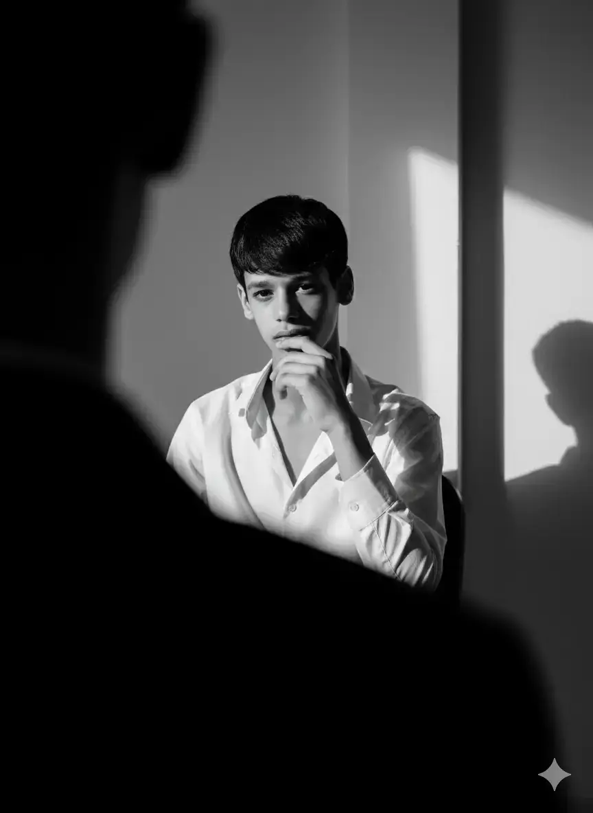 A black and white high-contrast fashion noir photograph of a young man has portrait similar to uploaded photo in a clean white dress shirt, sitting thoughtfully with hand near chin.He is framed by an out-of-focus figure in the foreground, creating a cinematic 'frame within a frame' composition. Dramatic lighting with deep shadows and bright highlights enhances facial structure and emotion. The aesthetic is editorial and timeless, with a minimalist background and subtle film grain#foryou #fy #قلعه_سكر #البافاري_متعة_كرة_القدم🔥👑 #شعراء_وذواقين_الشعر_الشعبي🎸 