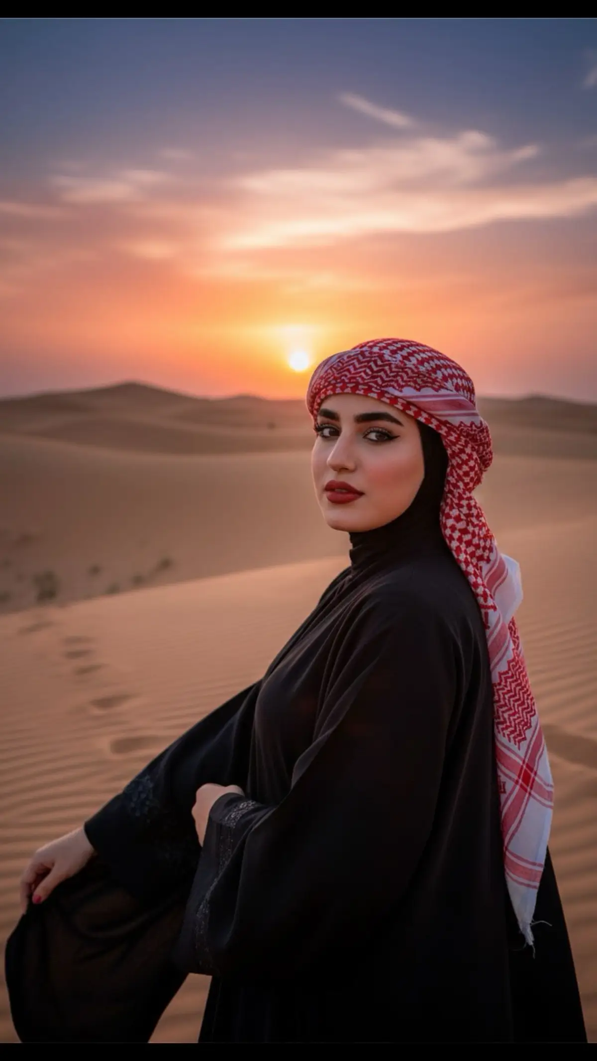 Use as an identity reference that displays her distinctive facial features, age and all the complex details of her face as shown in the reference photo; a stunning portrait of a young woman in the heart of a vast golden desert.