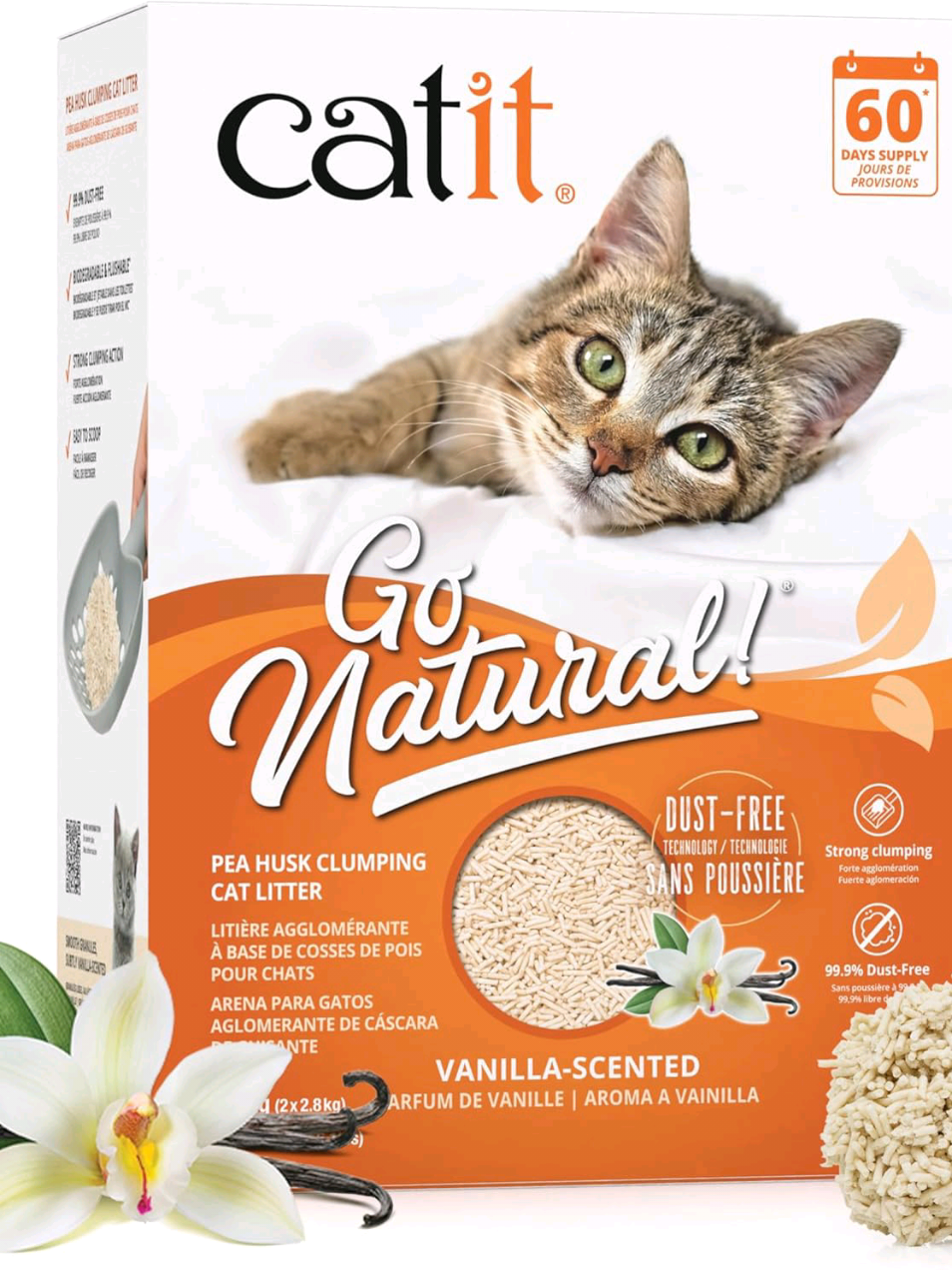Catit Go Natural Vanilla Scented Pea Husk Clumping Cat Litter, Deodorising, 99.9% Dust-Free, Fast Clumping Cat Litter, Plant-Based Litter for Cats & Kittens, 5.6kg (2 x 2.8kg)	 #catit #catitgo #natural #vanilla #scented
