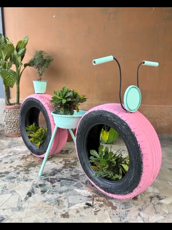 Creative Gardening with tyres _ Bicycle shaped planter #planter #Gardening #reuse #tyrescraft 