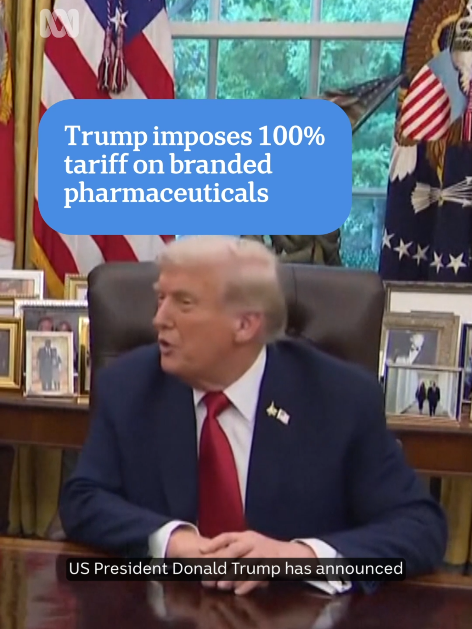 President Donald Trump has announced the United States will impose a 100% tariff on imports of branded or patented pharmaceutical products from October 1, unless a pharmaceutical company is building a manufacturing plant in the US.  #Tariff #USA #Trump #America #ABCNewsChannel #ABCNews