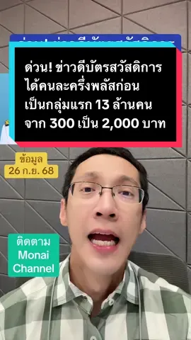 ด่วน! ข่าวดีบัตรสวัสดิการได้คนละครึ่งพลัสก่อนเป็นกลุ่มแรก 13 ล้านคน จาก 300 เป็น 2,000 บาท ช่วงต้นเดือนตุลาคม 68 #ข่าวTikTok #monaichannel #คนละครึ่ง #อนุทิน #ภูมิใจไทย 