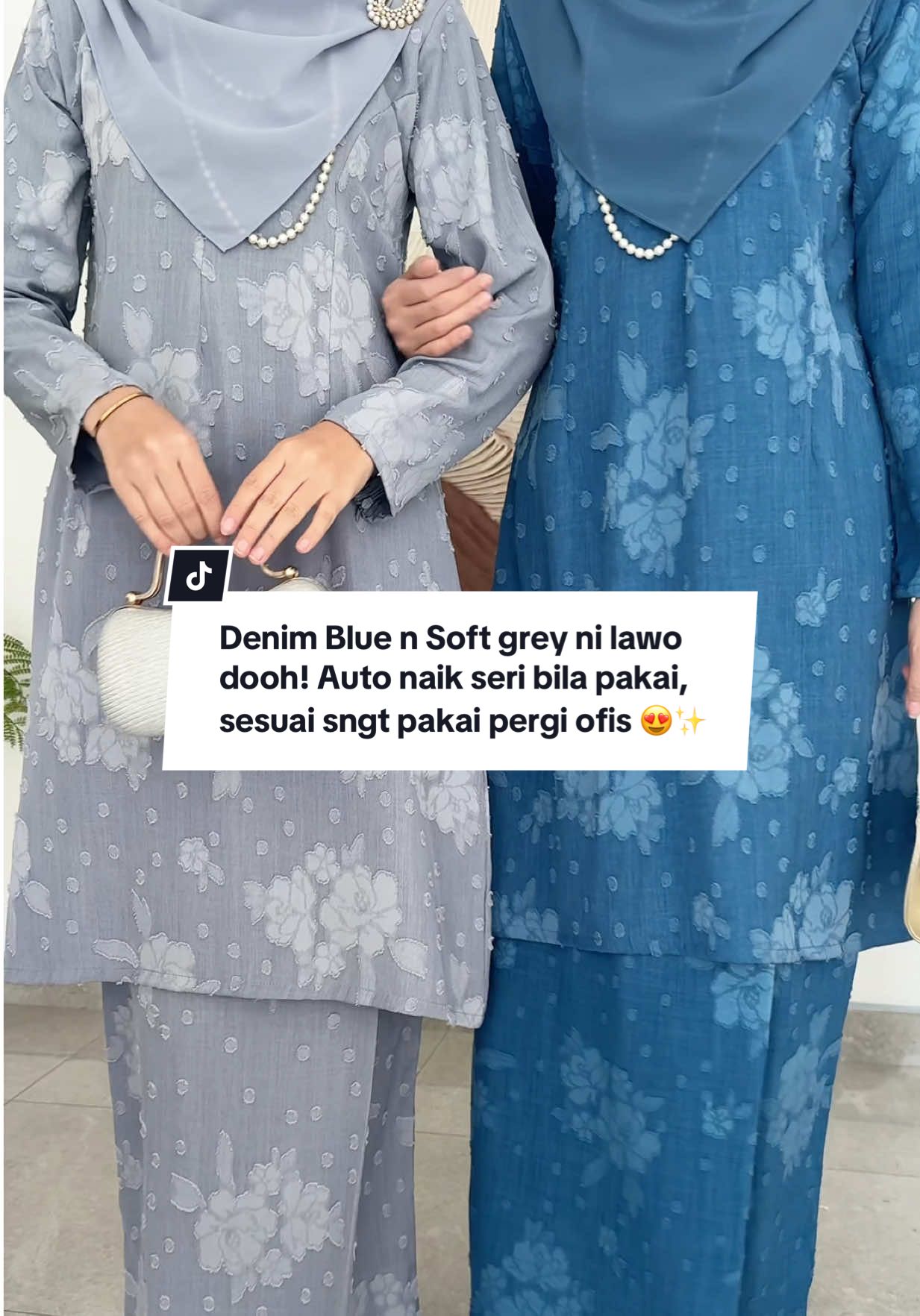 Denim Blue n Soft grey ni lawo dooh! Auto naik seri bila pakai, sesuai sngt pakai pergi ofis or kenduri 😍✨ Laju checkout n join live launching esok Sabtu jam 9pagi tau 📍 #nfhboutiquegallery #kurung #kurungcantik #kurungmurah #bajuwanita 