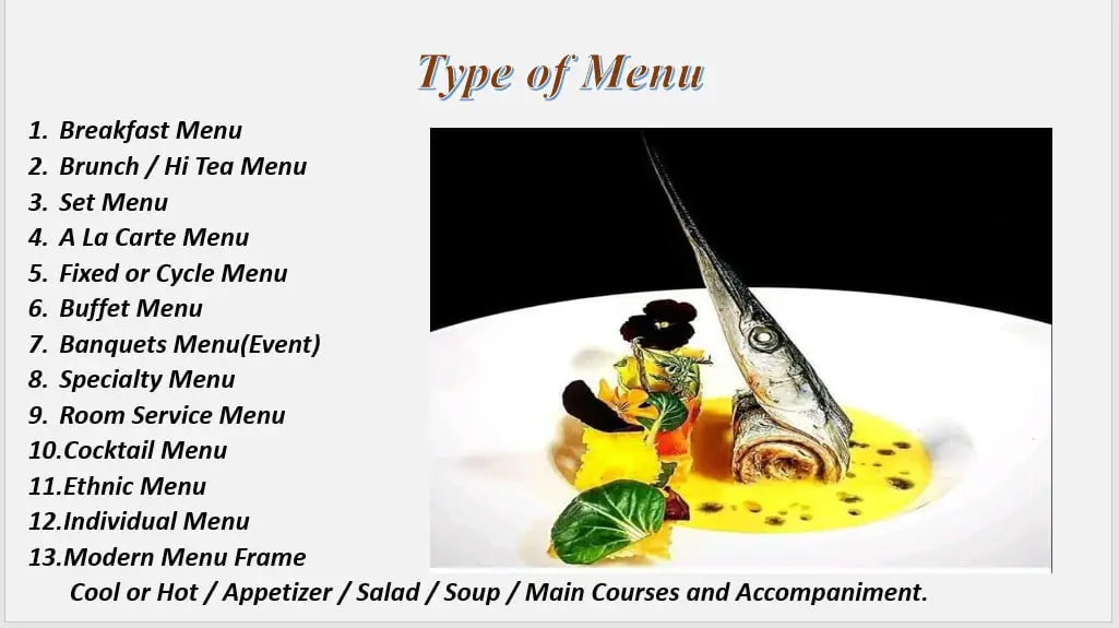 🙂 Hotel‌ တွေမှာသုံးနေတဲ့ Menu အမျိုးအစားများကို မသိသေး တဲ့ Yun Chef လူငယ်‌လေးများနှင် အစားအသာက်စိတ်ဝင်စားသူမျာအတွက်မျှဝလိုက်ပါတယ် ☺️👇 1. Breakfast Menu (နံနက်စာ)  👉 ဥပမာ – Eggs & Toast with Coffee (မြန်မာမှာဆို၊ မုန့်ဟင်းခါး၊ ကောက်ညှင်းပါင်ပဲပြုတ်) 2. Brunch / Hi Tea Menu (နံနက်စာနဲ့နေ့လယ်စာကြား / တည့်တည့်ကျွေးတဲ့ မုန့်ပါ)  👉 ဥပမာ – Sandwiches & Tea (အသားတွင်းထည့်ထားတဲ့ ဆန်းဒဝစ် + လက်ဖက်ရည်) 3. Set Menu (သတ်မှတ်ထားတဲ့ Menu) 👉 ဥပမာ – 3 Courses Set: Appetizer +Soup + Salad+ Chicken Curry+ fried veggie + Cream (အမြည်း၊ ဟင်းချို၊ အသုပ်၊ ဟင်း၊ အရွက်၊ အချိုပွဲ) တို့ဖြစ်ပါတယ် ။ Asian food နှင့် Western Food တော့အနည်းငယ်ကွာခြားချက်ရှိ ပါတယ်။ 4. A La Carte Menu (အစားအစာတစ်မျိုးချင်းစီကို သီးသန့်ရွေးစားရတဲ့ Menuပါ)  👉 ဥပမာ – Menu မှာ 