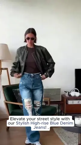 Stylish High - Rise Blue Denim Jeans with Distressed Details: A Must - Have for Trend - Setters Pants Bottom Drape Leg Style Vibe Waisted Streetwear Womenswear jean #lowrisejeans #widelegjeans #denimjeans #flaredjeans #lowrisebaggyjeans #highwaistedjeans #cutejeans #distressedjeans #highwaistjeans #jeanshighwaist