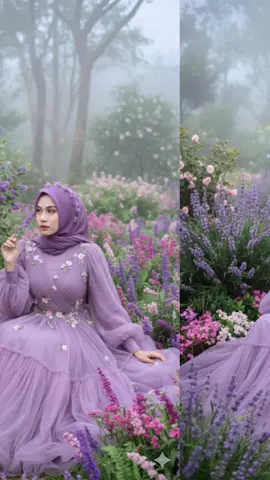 Seorang wanita muda duduk di taman rimbun yang tampak seperti hutan dongeng. Tatapannya tertuju ke samping dan tangan ke atas sambil memegang bunga lavender menciptakan ekspresi merenung. Busana dan Penampilan Wanita itu mengenakan gaun lavender tangan panjang berpotongan lebar dan mekar tangan balon bergelombang dengan rok tutu yang cantik dan senada. Korset gaun dihiasi lipatan, dan sulaman bunga-bunga kecil berwarna merah muda pucat, putih, dan hijau tersebar di seluruh kain. Ia memakai jibab lavender senada yang panjang dan gelap ditata bergelombang lembut, dengan sentuhan lavender ungu. Ia mengenakan riasan alami yang menonjolkan fitur wajahnya. Latar Ia duduk di tengah hamparan lavender yang sedang mekar dan bunga-bunga ungu serta merah muda lainnya. Semak-semak tinggi dan lebat dengan bunga-bunga ungu terlihat di sekelilingnya, begitu pula dedaunan hijau dan pakis. Di latar belakang, terdapat pepohonan dan semak belukar yang lebih lebat. Kesan Keseluruhan Foto ini diambil dengan warna-warna pastel yang lembut. Suasana keseluruhannya romantis, melamun, dan damai. Kualitas ultra. Ukuran 2:3. Tanpa merubah wajah asli #CapCut #fypシ #geminiAi #trendingtiktok #viral 