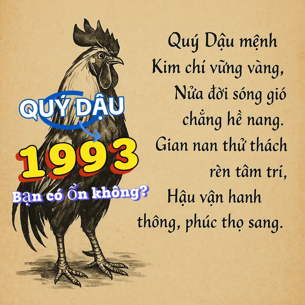 🔮 Tử vi trọn đời Quý Dậu 1993 #Quý Dậu mệnh Kim chí vững vàng, Nửa đời sóng gió chẳng hề nang. Gian nan thử thách rèn tâm trí, Hậu vận hanh thông, phúc thọ sang. 🌟 1. Tổng quan vận mệnh Người sinh năm Quý Dậu 1993 cầm tinh con Gà, mệnh Kiếm Phong Kim. Tính cách mạnh mẽ, quyết đoán, thẳng thắn, đôi khi khá cứng nhắc. Cuộc đời có nhiều biến động, nhất là nửa đầu đời thường nhiều thử thách, nhưng càng về sau càng ổn định, hanh thông. Tuổi Quý Dậu thông minh, có chí cầu tiến, thường lập nghiệp xa quê. Họ hợp với môi trường cạnh tranh vì có bản lĩnh và ý chí vươn lên. 💼 2. Công danh – Sự nghiệp Thời trẻ (20–30 tuổi): Sự nghiệp nhiều bấp bênh, dễ thay đổi việc, đôi khi làm nhiều mà chưa thấy kết quả xứng đáng. Trung niên (30–40 tuổi): Dần ổn định, có cơ hội thăng tiến, dễ thành công trong kinh doanh, tài chính, kỹ thuật hoặc lĩnh vực đòi hỏi sự quyết đoán. Hậu vận (sau 40 tuổi): Công danh sáng rõ, sự nghiệp vững chắc, hưởng cuộc sống đủ đầy. 👉 Hợp nghề: kinh doanh, bất động sản, tài chính, kỹ thuật, lĩnh vực kim loại – cơ khí. 💖 3. Tình duyên – Gia đạo Nam Quý Dậu: Thẳng thắn nên đôi khi dễ làm đối phương tổn thương. Tình duyên thời trẻ có thể lận đận, sau 28–30 tuổi mới dần ổn định, vợ hiền con ngoan. Nữ Quý Dậu: Khéo léo, duyên dáng, giỏi quán xuyến gia đình. Tuy nhiên, cần biết lắng nghe để tránh mâu thuẫn nhỏ. Nhìn chung, càng trưởng thành thì tình duyên càng thuận, gia đạo an vui. 💰 4. Tài lộc Tiền bạc đến từ sự nỗ lực, không phải nhờ may mắn bất ngờ. Từ 30 tuổi trở đi, tài vận bắt đầu khởi sắc. Hậu vận có của ăn của để, sống dư dả, dễ tích lũy đất đai hoặc tài sản giá trị. 🍀 5. Phong thủy & Hợp tuổi Màu hợp: trắng, xám, bạc, vàng kim (thuộc Kim). Số may mắn: 6 và 8. Hướng hợp: Tây, Tây Bắc, Tây Nam. Tuổi hợp làm ăn: Tý, Sửu, Thìn, Tỵ. Tuổi kỵ: Mão, Ngọ, Tuất. ✨ Kết luận Người Quý Dậu 1993 có vận trình nửa đầu đời gian nan, nhiều thử thách, nhưng càng về sau sự nghiệp hanh thông, gia đạo an vui, tài lộc đủ đầy. Đúng như bản mệnh Kiếm Phong Kim: phải trải qua rèn giũa, tôi luyện thì mới sắc bén và tỏa sáng. 👉 Tóm lại: Quý Dậu 1993 càng kiên trì, càng về hậu vận càng giàu có và hạnh phúc. #tuvi #quydau1993 #tuvi12congiap #tamtrang
