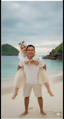 setelah ini kemana lagi kita 🤔🤔 Edit foto ini jangan merubah wajah asli (file terlampir ) pasangan muda di tepi pantai yang eksotis dan tenang. Seorang pria muda mengenakan kaos putih polos, celana pendek cream, berdiri tanpa alas kaki di pasir pantai. la tersenyum sambil menggendong seorang wanita muda di punggungnya. Wanita tersebut mengenakan dress  putih,  berhijab cream, serta memakai kacamata hitam yang diletakkan di atas hijabnya. Mereka berdua tampak bahagia, saling tersenyum hangat, menunjukkan suasana cinta dan kebersamaan. Latar belakang menunjukkan laut biru yang tenang, langit mendung yang dramatis, serta bukit hijau dengan batuan hitam di sisi pantai, menciptakan suasana alami yang romantis dan damai. #gemini #viraltiktok  #googlestudio  #trendtiktok  #dipantaibersamapasangan 
