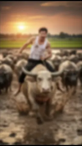 #ฉันขี่ไอ้ทุยวิ่งลุยท้องนา #AI  คำสั่ง สร้างภาพที่แนบโดยใช้ลักษณะ หน้าตาจากภาพที่ แนบ100% สวมเสื้อแขนยาวสีแดง  กางเกงขายาวสีดำ ไม่ใส่รองเท้า ขึ้นขี่ควายเผือกพร้อมฝูงควายน้อยใหญ่วิ่งตาม โดยท่าทางรีบเดี๋ยวโดนแม่ด่า เพิ่มสีหน้าของผู้ชาย แบบหึกเหิม เพิ่มความคึกคะนองของควาย ไปด้วย มือข้างหนึ่งตีตูดควาย อีกข้างจงเชือก ฉากเป็น ทุ่งนาอยู่ด้านหลัง แสงเป็นตะวันใกล้ตกดิน ทำให้ภาพออกมาดูตลกและเป็นธรรมชาติที่สุด ความละเอียดของภาพเหมือนถ่ายออกมาจากกล้อง มีความคมชัด