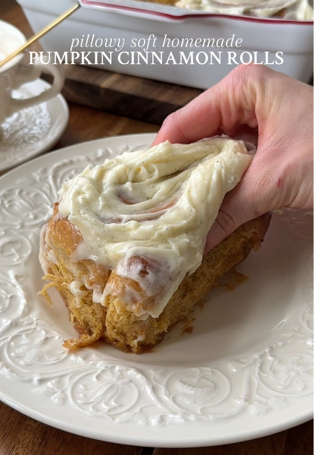 HOMEMADE PUMPKIN CINNAMON ROLLS Basically everything a fall morning should be 🍂 Recipe below OR go to my website through the link in my bio 🤎 #Recipe Details (8 larger or 12 smaller rolls): Pumpkin Dough: - 3/4 cup (180ml) milk of choice, warmed to 110F  - 1/2 cup (120g) brown sugar, divided - 2 1/2 tsp (11g) active dry yeast - 1/2 cup (120g) pumpkin puree, room temp - 1/2 cup (113g) salted butter, very softened (almost melted) - 1 egg, room temp - 1 tsp (4g) vanilla bean paste or extract - 4 1/2 cups (540g) bread flour (sub: AP flour) - 1 tsp (6g) salt - 2 tsp (4g) pumpkin pie spice - 1 1/2 tsp (3g) cinnamon Pumpkin Spice Cinnamon Filling: - 1/2 cup (113g) salted butter, softened - 1 cup (240g) light brown sugar - 1/4 cup (60g) pumpkin puree - 1 tbsp (6g) cinnamon - 2 tsp (4g) pumpkin pie spice - 1 tsp (4g) vanilla bean paste or extract - 1/2 cup (120ml) heavy cream, for pouring over the rolls Cream Cheese Frosting: - 8oz (1 block) cream cheese, softened  - 1/4 cup (58g) salted butter, softened - 1 3/4 cups (210g) powdered sugar  - 1 tsp (4g) vanilla bean paste or extract Instructions: Activate the yeast. Pour the warm milk into a small bowl or glass measuring cup. Add 1 tbsp (15g) of the brown sugar sugar and sprinkle the yeast overtop. Stir and allow to sit for 5-7 minutes, until frothy and activated. In a large bowl, whisk together the flour, salt, pumpkin pie spice, and cinnamon. Set aside.  Once activated, pour the yeast mixture into the bowl of a stand mixer. Add the rest of the sugar (1/2 cup minus the 1 tbsp that was used to activate the yeast), pumpkin puree, butter, egg, vanilla, and the flour mixture.  With the dough hook attachment (or with a wooden spoon if mixing by hand), mix on low speed for 1 minute, until barely combined. Rest for 5 minutes so the flour can soak up the liquids. Then, mix on medium speed for 5-7 minutes, until the dough is elastic, smooth, and is pulling away from the sides of the bowl. If the dough seems a little too sticky, you can add 1 tbsp more flour at a time, until it starts to pull away from the sides of the bowl. Don’t add too much, you want the dough to be slightly sticky! I ended up adding about 1-2 tbsp more flour. Transfer the dough to a lightly greased bowl. Cover and rise in a warm environment for 30-45 mins.  While the dough is rising, prepare the pumpkin spice cinnamon filling by mixing together all of the ingredients until well combined. Set aside. Grease a 9x13” baking pan with butter. Once the dough is done rising, generously flour your work surface. Turn the dough out onto the surface and lightly sprinkle the top with more flour.  If you are making 8 larger cinnamon rolls, roll the dough out to a 16x15” rectangle. For 12 smaller cinnamon rolls, roll it out to a 24x15” rectangle. Spread/smooth the pumpkin spice cinnamon filling evenly all over the surface of the dough, leaving a very small border around the edges.  Starting on the long end, tightly roll the dough up into a log. Using a sharp knife or unflavored floss, cut the dough into 8 larger or 12 smaller rolls total. Each roll should be ~2” in width.  Place the rolls into the prepared baking pan. Cover the pan and allow to proof for another 25-30 mins, until puffy.  Preheat the oven to 350F.  Once the rolls are proofed, warm the heavy cream in the microwave for 15 secs, and pour all over the rolls.  For 8 larger rolls, bake at 350F for the first 22-24 mins. Then, turn the oven temperature up to 375F and bake for another 5-7 mins, until the tops are golden and the rolls are cooked through.  For 12 smaller rolls, bake at 350F for the first 20-22 mins. Then, turn the oven temperature up to 375F and bake for another 5-7 mins.  While baking, prepare the cream cheese frosting. In a large bowl using a handheld mixer, beat the cream cheese and softened butter. Then, beat in the powdered sugar and vanilla until well combined and smooth.  Remove the rolls from the oven and rest for 10-15 mins. Spread the cream cheese frosting all over the rolls. Serve and enjoy!