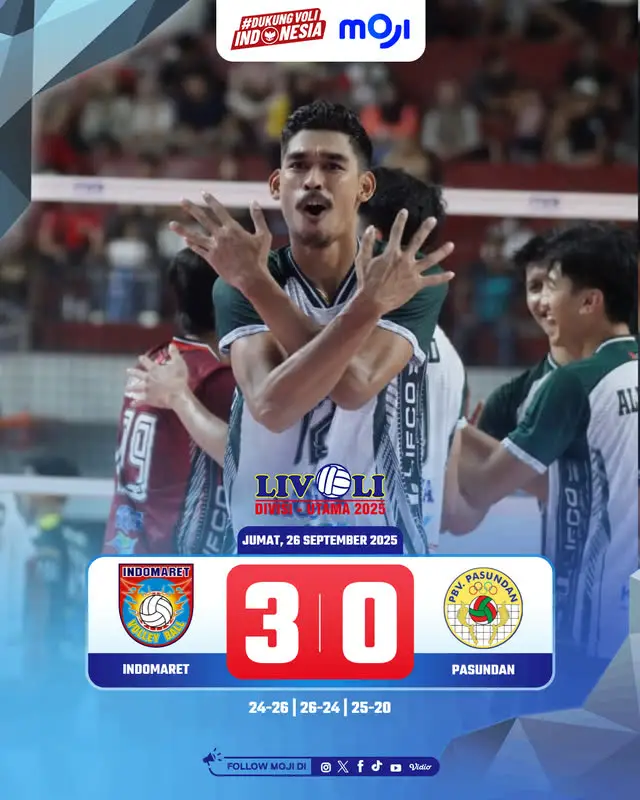 Indomaret semakin mendekatkan kesempatan untuk menuju Final Four setelah memenangkan laga atas Pasundan Yuk tonton keseruan Livoli Divisi Utama yang berlangsung pada tanggal 17 September -19 Oktober 2025🤩 ㅤ #mojisports #mojisijagovoli #livoli2025 #livolidivisiutama #dukungvoliindonesia
