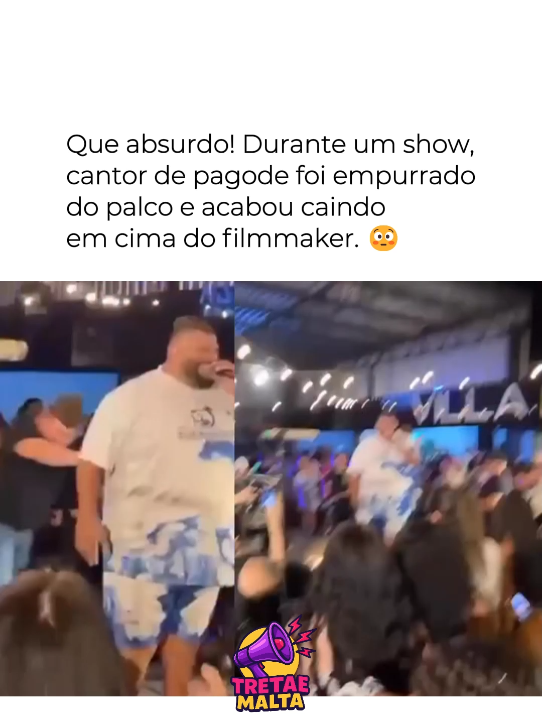 Climão em show de pagode: cantor foi empurrado do palco e caiu direto em cima do filmmaker que registrava o evento. A cena deixou todos chocados! 👀🔥 #Pagode #ShowAoVivo #ConfusãoNoPalco #tretaemalta
