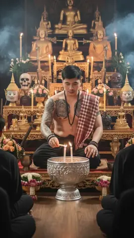 #gemini #พ่อครูภรัณ #เขมจิราต้องรอด #แจกpromptป้อนคําสั่งgeminiแต่งรูป #ทำภาพชายหนุ่ม  แจก ทำภาพชายหนุ่มในรูปถอดเสื้อ สักลายพญานาค และมีซิกแพ็ก เกงสโรงสีดำ ใส่ลูกประคำสีดำ และตะกุดที่ข้อมือ มี ผ้าขาวม้าพาดบ่า นั่งชันเข่าอย่างมั่นใจบนแท่นไม้ขาข้างนึงหย่อนลงมา มือข้างขวาถือเทียนเต็มกำมือ อยู่เหนือขัน น้ำมนต์พญานาค มืออีกข้างวางบนเข่า ใบหน้าคงเดิม  สายตาจ้างมองที่แสงเทียน รายล้อมลูกศิษย์ลูกหาด้วยเครื่องบูชาดอกไม้ เทวรูป และเคียรพญานาค บรรยากาศ ศักดิ์สิทธิ์ ขลัง มีควันจากธูปลอยฟุ้งอยู่ แสงรำไร สไตล์ พิธีกรรมแบบไทยภาพสมจริง รายละเอียดคมชัด แสงสวยงามแบบภาพยนตร์ด้านหลังเป็นแท่นบูชา มีพระพุทธรูปหลายองค์ มีเชิงเทียน หัวกะโหลก มีหัวโขน ขันบายศรี และดาบ