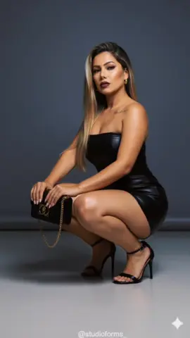 criar fotos no gemini. texto para foto . novos modelos no Gemini . crie uma foto minha mantendo meus traços. mulher está agachada, olhando diretamente para a câmera, com uma expressão séria e confiante. Ela tem cabelos longos e lisos, de cor loira em tons mel, com raízes mais escuras. Sua maquiagem é marcante, com olhos esfumados escuros e um batom de cor vinho ou marrom escuro. ​Ela veste um vestido preto justíssimo, que parece ser de couro ou material sintético de couro, no estilo tomara que caia ou com alças muito finas, e de comprimento curto. Nos pés, usa sandálias pretas de salto alto fino com tiras no tornozelo. ​Ela segura uma pequena bolsa de mão preta (uma clutch ou mini shoulder bag) com detalhes em metal dourado e uma alça de corrente dourada grossa, que está apoiada em suas pernas. ​A iluminação é suave, mas com foco nela, realçando o brilho do material do vestido e da sua pele.  #gemini #cr7 #viraltiktok #bdtiktokofficial #photography 