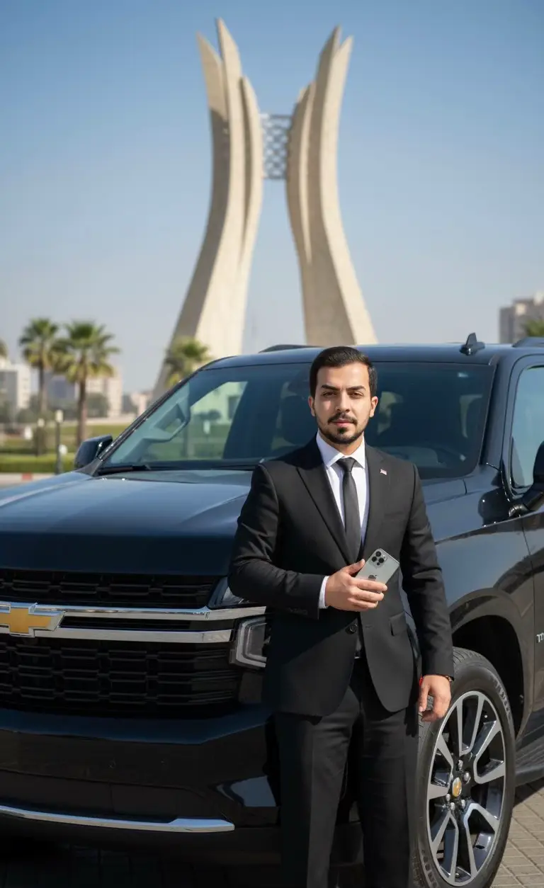 خلي ذوقك جميل A hyper-realistic portrait of a young Iraqi man in a sharp black formal suit, holding an iPhone 16 in his right hand, standing very close to a shiny 2025 black Chevrolet Tahoe. The SUV is positioned right beside him, its chrome details reflecting Baghdad's sunlight. Behind them, Al-Shaheed Monument appears, giving an authentic Iraqi identity. #ذكاء_اصطناعي البحث: كليِّشتُة ذَكاء اصطناعي مع سياره الجكساره واك...