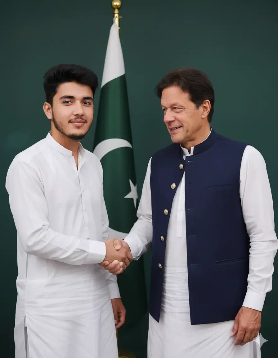 Gemini edit photo  Prompt 👇🏻👇🏻 Edit this image to show me shaking hands with Imran Khan. Both of us should appear naturally positioned, with realistic body posture and expressions. Imran Khan is smiling warmly. Place a slightly visible Pakistan flag in the background, and keep the overall background dark with soft lighting focused on us. Do not change or modify my face in any way, keep it 100% original and natural. Ensure the handshake looks realistic, our faces clear and unchanged, and the edit ultra-realistic. keep it original face 100% natural and original face.  @Imran Khan Official #greatleader #PTI #imrankhan 