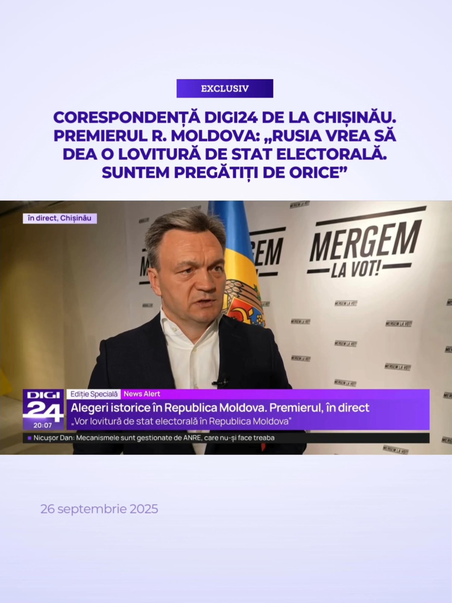 Premierul Republicii Moldova, Dorin Recean, îi îndeamnă pe toți cetățenii moldoveni din România să iasă la vot, pentru că numai așa țara își va construi singură viitorul. De asemenea, Recean a spus că „există mai multe scenarii prin care Federația Rusă, în alianță cu grupările criminale și infracționale, încearcă să destabilizeze Republica Moldova, dar instituțiile au demonstrat că au capacitatea de a face față tuturor acestor provocări”. #digi24 #stiriledigi24 #republicamoldova