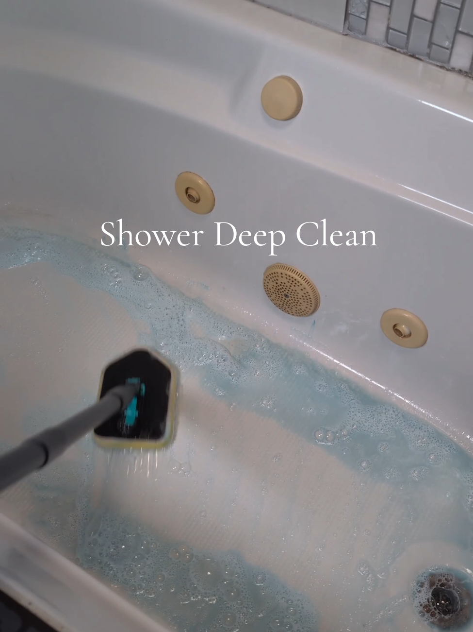 deep cleaning my mom's shower! this brush makes it so easy but the glass doors drive me crazy 🤣  #cleaninghack #showercleaning 