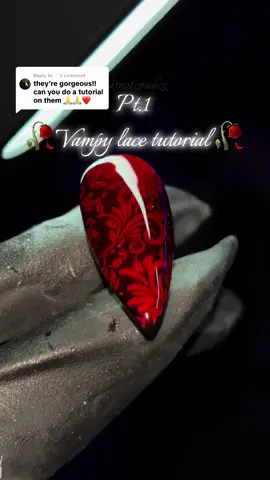 Replying to @️  Here’s the full tutorial for the first vampy nail. It came out so prettyyyyyyyyyyyy. Such a subtle way to use Cateye and lace for the spooky season.  🫧Products🫧:  Apre gelx tips  Notpolish gel : Duo Black Cre8tion cat eye gel:  # 113 Lace foils  V beauty pure : 123  #lace #nailinspo #goth #cateye #rednails 