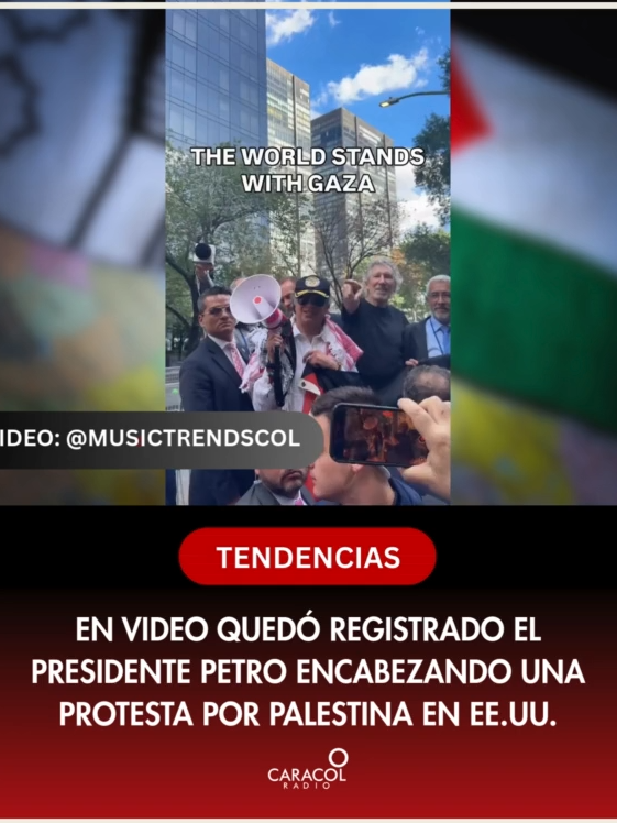 #Tendencias | En redes sociales ronda un video de este viernes, 26 de septiembre, en el que el presidente Gustavo Petro encabeza una protesta por Palestina en unión con el cofundador de la banda de rock progresivo, Pink Floyd, Roger Waters. Esto ocurrió frente a la ONU, donde manifestantes exigían el arresto de Benjamín Netanyahu. Para más noticias ingrese a Caracol.com.co #GustavoPetro #RogerWaters #Palestina