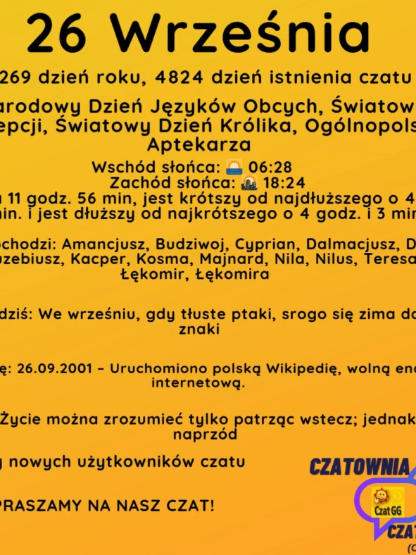 26 Września 269 dzień roku, 4824 dzień istnienia czatu Międzynarodowy Dzień Języków Obcych, Światowy Dzień Antykoncepcji, Światowy Dzień Królika, Ogólnopolski Dzień Aptekarza Wschód słońca: 🌅 06:28       Zachód słońca: 🌇 18:24 Dzień trwa 11 godz. 56 min, jest krótszy od najdłuższego o 4 godz. i 39 min. i jest dłuższy od najkrótszego o 4 godz. i 3 min. Imieniny obchodzi: Amancjusz, Budziwoj, Cyprian, Dalmacjusz, Dalmacy, Damian, Euzebiusz, Kacper, Kosma, Majnard, Nila, Nilus, Teresa, Łucja, Łękomir, Łękomira Przysłowie na dziś: We wrześniu, gdy tłuste ptaki, srogo się zima da ludziom we znaki Wydarzyło się: 26.09.2001 – Uruchomiono polską Wikipedię, wolną encyklopedię internetową. Cytat dnia: Życie można zrozumieć tylko patrząc wstecz; jednak żyć trzeba naprzód Witamy nowych użytkowników czatu ZAPRASZAMY NA NASZ CZAT!