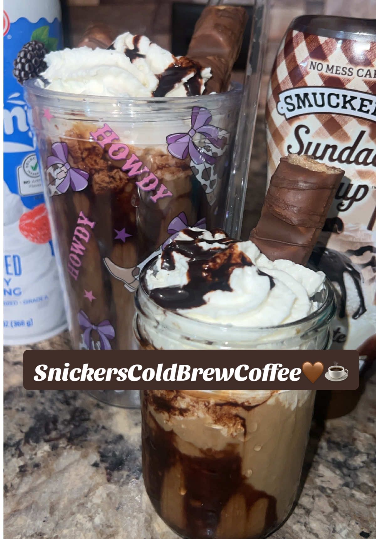 Kids got off early from school today & they wanted to try my new @Coffee mate snickers creamer 🤎 I used #stokcoldbrew for base, @Smuckers chocolate for drizzle (didn’t use the caramel) #HEB extra creamy whipped topping & added more chocolate drizzle. Everything is from my favorite store @H-E-B 🫶🏽 mini vlog of my eldest trying it coming next! #coldbrewcoffee #coldcoffee #snickerscoffee 