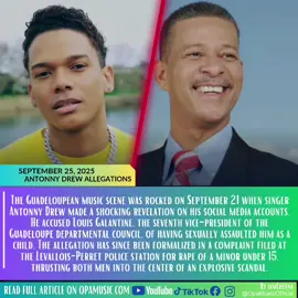 The Guadeloupean music scene was rocked on September 21 when singer Antonny Drew made a shocking revelation on his social media accounts. He accused Louis Galantine, the seventh vice-president of the Guadeloupe departmental council, of having sexually assaulted him as a child. The allegation has since been formalized in a complaint filed at the Levallois-Perret police station for rape of a minor under 15, thrusting both men into the center of an explosive scandal. For many who know Drew, the revelation did not come lightly. The artist has built a reputation as someone who never bites his tongue and speaks his truth without fear, often in ways that ruffle feathers but make him come across as very credible. He explained that his decision to speak out was tied to the release of his new album Rémission, describing it as the culmination of a long personal journey. “I finally remembered that as a child, I had been sexually assaulted by a politician still in office,” he said, adding that when he confronted Galantine years later, the politician trembled and even offered him money as compensation. READ FULL ARTICLE ON OPAMUSIC.COM @iamcheyna ✍️ #antonnydrew #LouisGalantine #Guadeloupe #haitiantiktok #fyp 