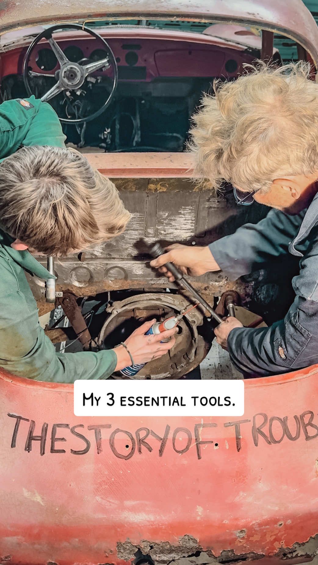 Trouble had her fair share of rusty fixings! So rusty that lots of these wouldn’t turn and undo…. This taught me that a socket set, spanner set, screwdriver set or any other tool is no use to man or beast if I can’t over come the rust and turn the thing I am trying to undo. The three essential tools I use to give my “traditional” tools a chance against this rust and undo these troublesome fixings are: WD-40, a hammer and a heat gun. This is how I use them… The first tool I use is WD-40. This is a penetrating lubricant which works its way into the small gaps between the threads helping to lubricate the fixing which reduces any friction. I believe it also contains clever chemicals that help to break down any rust which has formed. Once the WD-40 has had some time to do its job I try to undo it. If it’s still not moving I then give the head of the bolt (and the sides of the nut if they’re accessible) a tap with a hammer. This sudden shock force though the bolt can help to break any “rust bond” that has formed. If after a few taps with the hammer it still refuses to budge I’ll get the hot air gun on it. Heating the metal causes it to expand. This movement can help to break rust bonds. Once suitably hot I’ll try again to undo it. Usually at this point the “sticktion” is over come and it starts to move. I’ll then use more WD-40 to help lubricate the moving surfaces as I undo it. If it doesn’t undo I persevere with squirting and soaking it in WD-40, shocking it with a hammer and heating it with the hot air gun. Eventually, it will usually give up the ghost. If it doesn’t, one of two things typically happens. If it’s a “light weight” small fixing, it sheers and breaks. If it’s a bit stronger, I’ll get the angle grinder out. One way or another I’ll get the thing undone! What are your favourite essential tools? #porscherestoration #restoration #restorationtips #classiccar #classiccars 