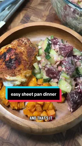 Love an easy sheet pan meal! Use whatever seasonings & veggies you have on hand and voila, dinner is served and really healthy too!  Chicken Seasoning: 1 tsp salt 1 tsp garlic powder 1 tsp dried parsley 1 tsp onion powder 1 tsp smoked paprika Easy Baked Chicken: Preheat oven to 400 degrees F.  Rub olive oil onto 3lbs of bone in chicken thighs and drumsticks.  Rub seasoning onto chicken.  Bake for 35-40 mins or until internal temp is 165 degrees.  Easy Salad Dressing: 1/4 cup extra virgin olive oil  1/4 cup apple cider vinegar 2 tbsp maple syrup 1 tsp salt Shake well and serve.  #sheetpanmeals #onepotmeals #EasyRecipes #chickenrecipe 