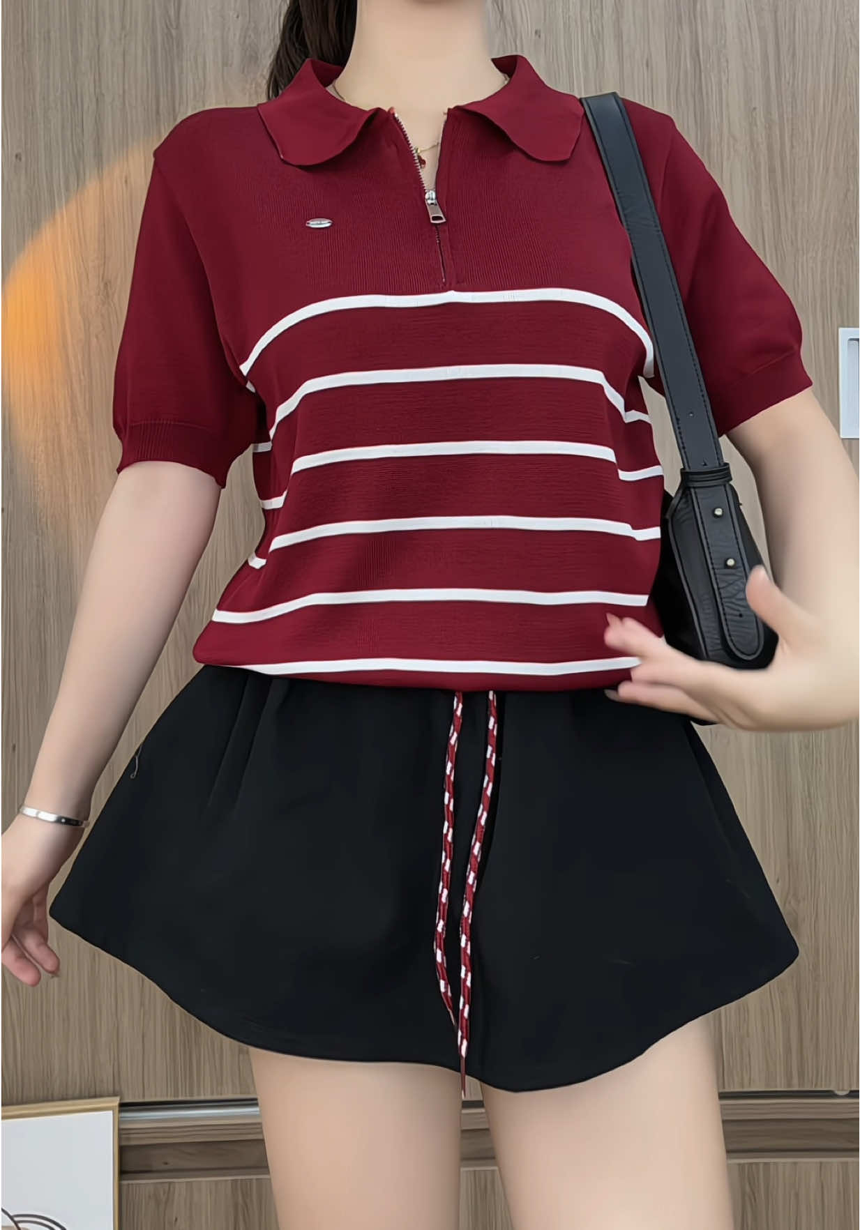 Áo polo len dệt kim phối kẻ xinh yêu mặc thu siêu xinh 