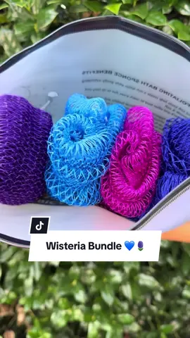 Introducing Wisteria 💙🪻 Our new 4 piece bundle featuring dreamy shades of blue and purple Net Sponges. Soft and soothing in color, designed to exfoliate and leave your skin glowing. ✨ Available now on our website. Tap the link in our bio to shop! #bellanomi #africannetsponge #netsponge 