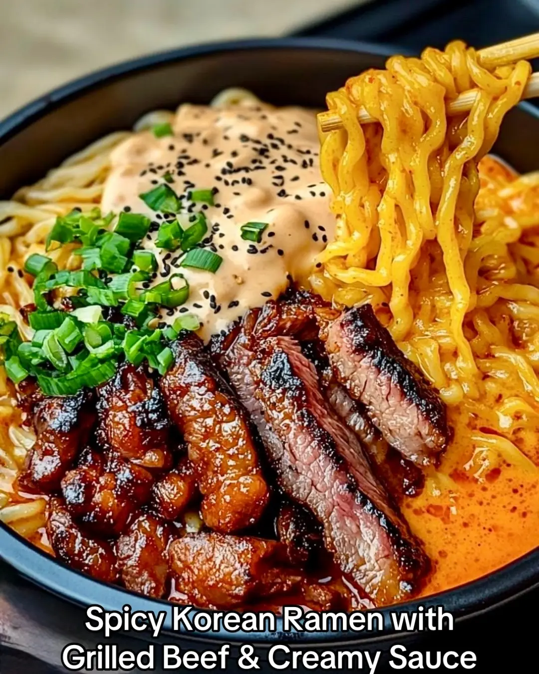 This Spicy Korean Ramen with Grilled Beef & Creamy Sauce brings the heat, the richness, and that soul-soothing slurp factor. Perfect as a quick dinner idea, a weekend indulgence, or a go-to favorite for cozy nights, this easy recipe pairs springy ramen noodles with smoky grilled beef, spicy-smooth broth, and a creamy, savory sauce that ties it all together.  INGREDIENTS: For the Grilled Beef - • 300g ribeye or sirloin steak • 2 tbsp soy sauce • 1 tbsp gochujang • 1 tbsp sesame oil • 1 tsp brown sugar • 2 garlic cloves, minced • 1/2 tsp ground black pepper For the Ramen - • 2 packs instant ramen noodles (discard seasoning packet) • 2 cups chicken or beef broth • 1 tbsp gochugaru • 1 tsp soy sauce • 1 tsp rice vinegar • 1 tsp sesame oil • Salt to taste For the Creamy Sauce - • 3 tbsp mayonnaise (Kewpie preferred) • 1 tbsp sriracha or Korean chili sauce • 1 tsp sesame oil • 1/2 tsp garlic powder Garnishes - • 2 tbsp chopped green onions • 1 tsp toasted black sesame seeds • Optional: extra chili oil or gochugaru INSTRUCTIONS: 1. In a bowl, mix soy sauce, gochujang, sesame oil, brown sugar, garlic, and pepper. Add beef and marinate for 30 minutes (or overnight). 2. In another small bowl, mix all creamy sauce ingredients until smooth. Chill until ready to use. 3. In a pot, simmer broth. Add gochugaru, soy sauce, vinegar, sesame oil, and salt. Cook ramen noodles until al dente (about 3 minutes). Remove from heat. 4. Heat grill pan or skillet over high heat. Sear beef 2–3 minutes per side until caramelized. Let rest, then slice against the grain. 5. Assemble bowls: add noodles and broth, top with creamy sauce, grilled beef, green onions, sesame seeds, and extra spice if desired. #Foodies #Ramen 