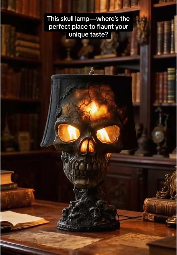 This skull lamp—where’s the perfect place to flaunt your unique taste?💀🪔 #halloween #halloweendecor #halloweenvibe #spookyseason #skull #light #lamp #musthave #handmade 