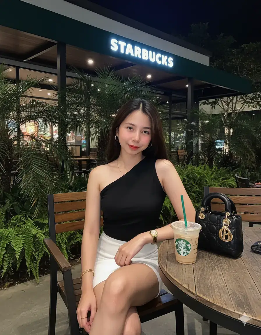 A portrait photo of a beautiful young Indonesian woman in a straight short brownish hair, and ruched one-shouler dark dark black top and white mini skirt and sitting on a Starbucks chair cafe . She is 25 years old, with fair skin, height 156cm,weight 53kg, oval shaped face,with pointed chin, and slim curve body. She posed and smiling softly while Starbucks with a straw with a black Dior bag on the dining table and gold accessories necklace & earrings and bracelet. The setting features Starbucks coffee with a starbucks roof, tropical cafe, and warm natural midnight. The atmosphere is relaxed, natural, and tropical with clear night skies and soft shadows.and a watch on her wrist, creating a casual and stylish vacation vibe, another pose, Don't change the face. #photo#geminiai #gemini #prompt 