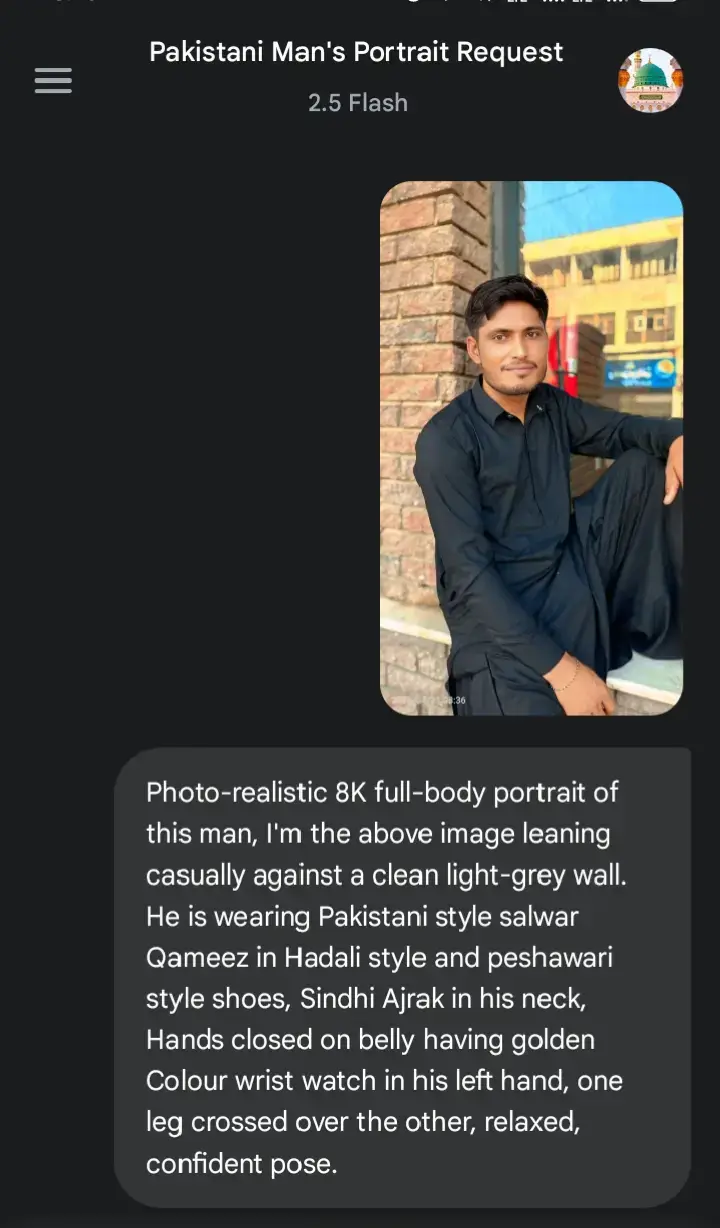 #foryou #Photo-realistic 8K full-body portrait of this man, I'm the above image leaning casually against a clean light-grey wall. He is wearing Pakistani style salwar Qameez in Hadali style and peshawari style shoes, Sindhi Ajrak in his neck, Hands closed on belly having golden Colour wrist watch in his left hand, one leg crossed over the other, relaxed, confident pose.