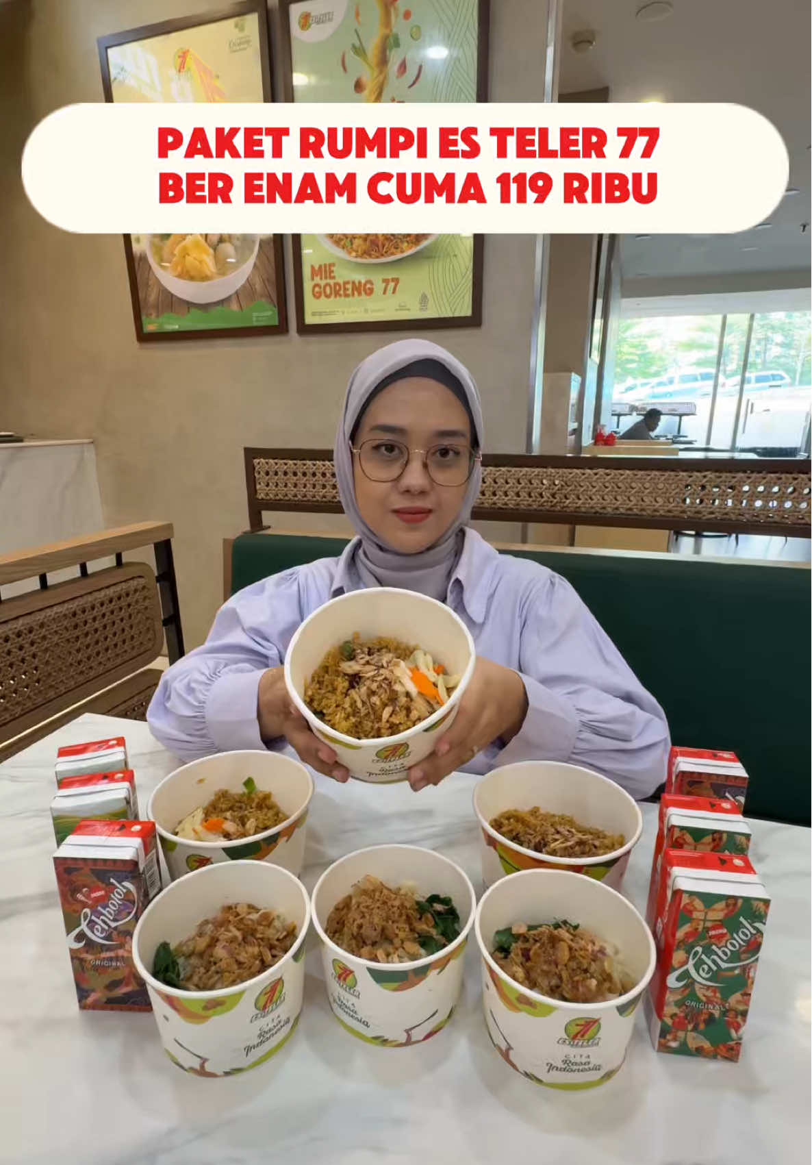 Paket Rumpi buat berenam di Es Teler 77 cuma 119 ribu aja dari harga 200 ribuan?! 😱 Dapet 3 Mie Ayam Mini, 3 Nasi Goreng Daging Mini, plus 3 Teh Sosro. Lengkap banget buat rame-rame makan puas! 🍜🥢   👉 Buruan klik tag lokasi di bawah, pilih vouchernya, beli sekarang sebelum kehabisan! ⬇️ #EsTeler77 #JelajahAkhirPekan #Winkofwinner