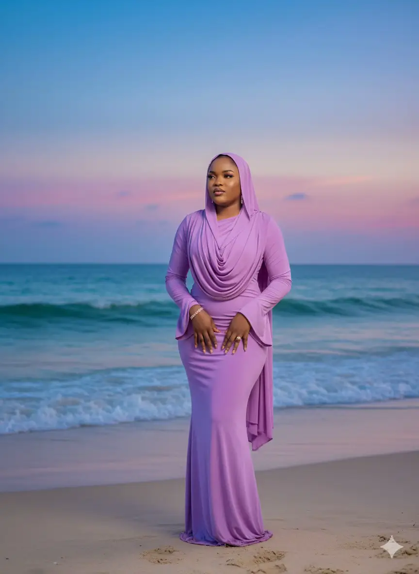 Shooting avec Gemini Un portrait cinématographique de cette femme debout sur la plage au coucher du soleil, avec les vagues de l'océan en arrière-plan. Les vagues effleurent doucement le rivage. Le ciel brille dans des teintes vibrantes de bleu de rose et de lavande • Elle porte une robe fluide et moulante dans des tons lavande (inspirée par l'océan), une robe manche longue qui reflète les couleurs de la mer. Son voile couvre sa tête et tombe sur sa poitrine, et elle porte de delicats bijoux tels qu'un bracelet de bras et des bagues. Cette femme pose gracieusement, face a la caméra le regard à gauche et confiante. Une lumière naturelle chaude, mêlée à un subtil flash, met en valeur ses traits, créant une esthétique tropicale onirique et romantique.#gemini #prompt #visibilite #tiktoksenegal #geminishooting 