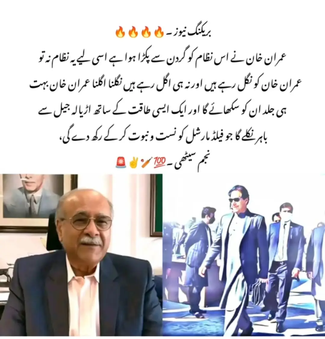 عمران خان نے اس نظام کو گردن سے پکڑا ہوا ہے اسی لیے یہ نظام نہ تو عمران خان کو نگل رہے ہیں اور نہ ہی اگل رہے ہیں نگلنا اگلنا عمران خان بہت Aa ہی جلد ان کو سکھائے گا اور ایک ایسی طاقت کے ساتھ اڈیالہ جیل سے باہر نکلے گا جو فیلڈ مارشل کو نیست و نبوت کر کے رکھ دے گی، نجم سیٹھی ۔ 100 .. .. .. .. #fypシ゚viral🖤tiktok #viralvideo #100k @Imran Khan Official 