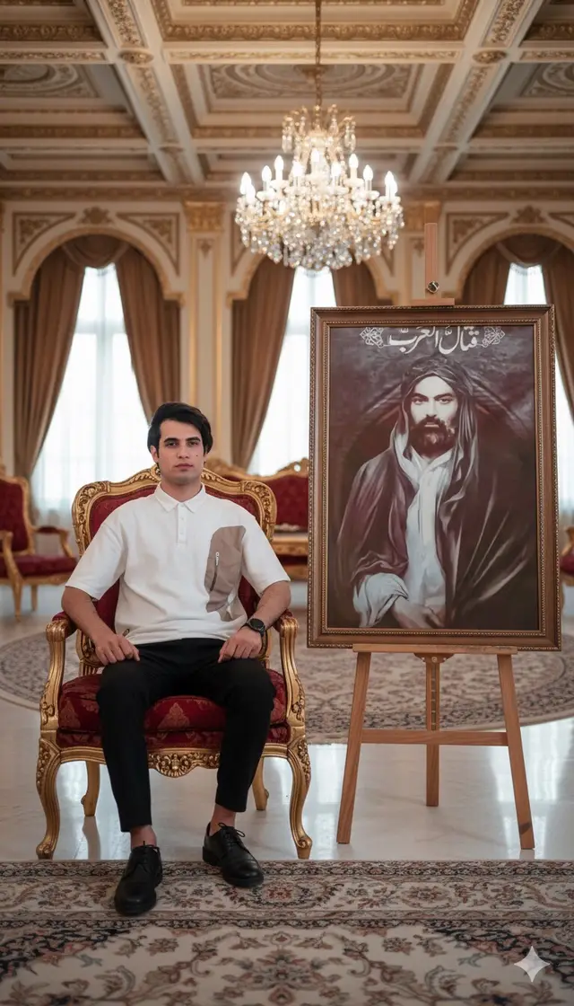 هاي الكليشه.  Take a very high-resolution photo of me, make me wear these clothes all over my body without changing my features, make me sit on a luxurious golden chair with a very large photo of the Commander of the Faithful next to me، Don't put the picture on the ground.  #ذكاء_اصطناعي #gemini 