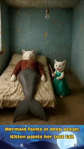 Mermaid faints in deep ocean : Kitten paints her lost tail #cutecats #funnycatshorts #catstories #ai #aifusic 
